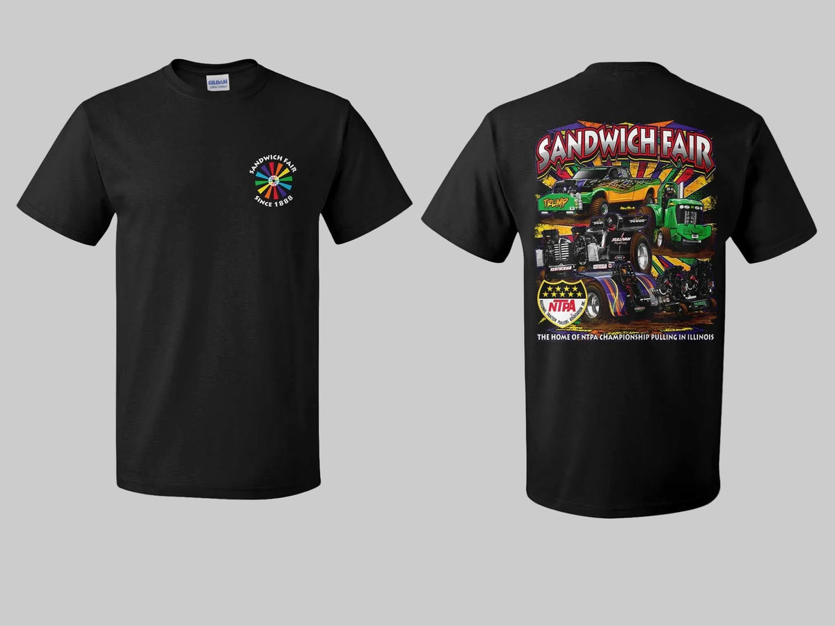 Black short-sleeve T-shirt shown from the front and back. The front has a small multicolor circular chest graphic.